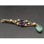 9K Yellow Gold Amethyst, Pearl and Emerald Pendant. 2.4g