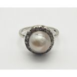 18K White Gold Diamond and Pearl Ring. Size O. 4.2g