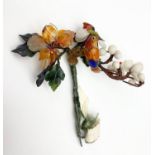 A Multi-Coloured Jade and Enamel Plant Display. Decorative Flowers, Blossom and Parrot.