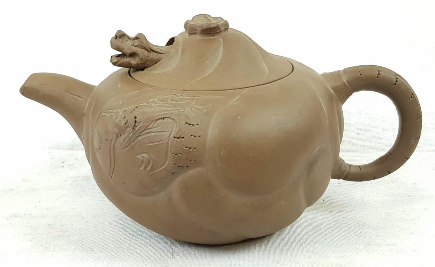 Yixing Clay Chinese Teapot with Dragons Head Lid. 11cm tall