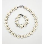 White Swirl Enamel Necklace and Bracelet Set. 48cm. Bracelet 17cm