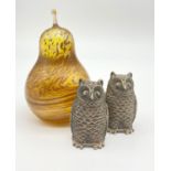 A Pair of Vintage Miniature Pewter Owl Paperweights and a Glass Pear Paperweight. Owl -5cm. Pear -