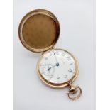 A 14K GOLD WALTHAM POCKET WATCH IN GOOD CONDITION BUT NEEDS A NEW GLASS. (AMERICAN SIDE OPENING)