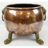 Antique Victorian Copper Planter. Lions Head Handles and Lion Pedestal Feet. 36cm diameter. 34cm