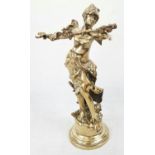 A BRONZ STATUE WITH SILVER GILDING OF A DANCING ANGEL. 3.9kg 37cms in height.