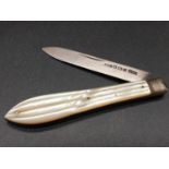 Antique Fruit Knife. Hallmarked John Yeoman Sheffield 1910. Mother of Pear Handle. 14cm