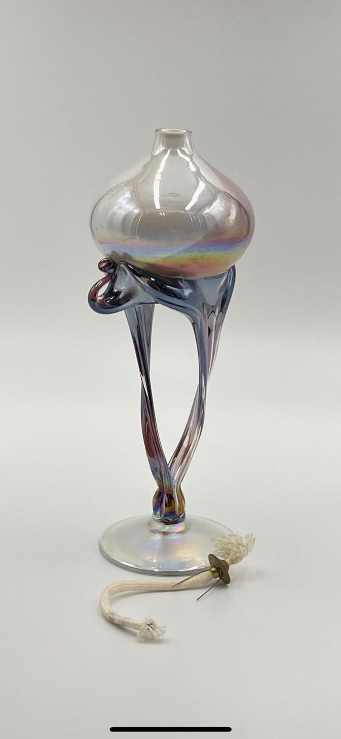 A stylish, hand blown, incandescent glass, artisan's oil lamp. Height 23cm. - Image 2 of 2