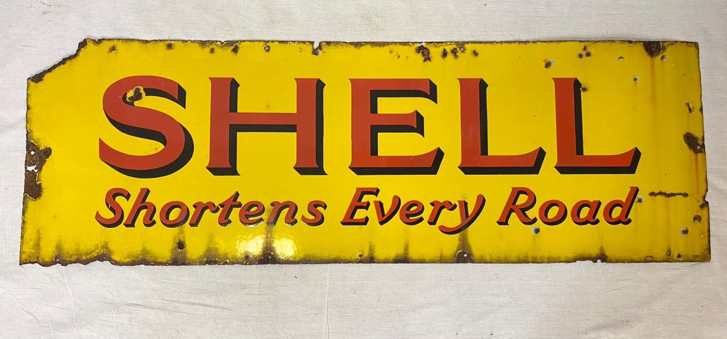 Large Original Vintage Shell Enamel Sign - Shell Shortens Every Road. Conditions as per photos.