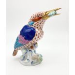 Herend Porcelain Kingfisher Bird with Fish Figurine. Hand-Painted with vivid colours and gilded