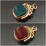 9K Yellow Gold Carnelian and Green Stone Pendant. 7.12g