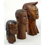 Three Vintage African Tribal Wooden Head Hand-Carved Sculptures. 27cm tallest piece.