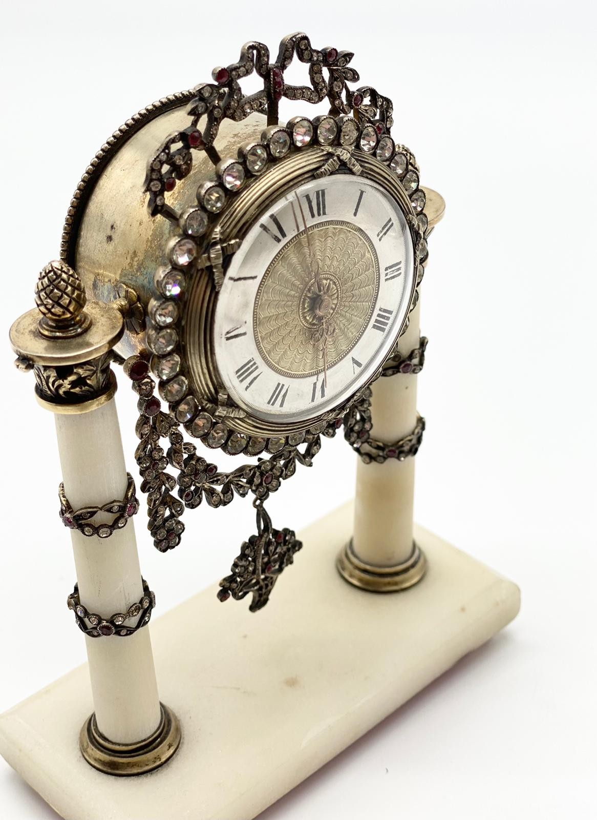 Early 20th century (circa 1910) Antique French silver alabaster gem-set miniature table clock. As - Image 7 of 9