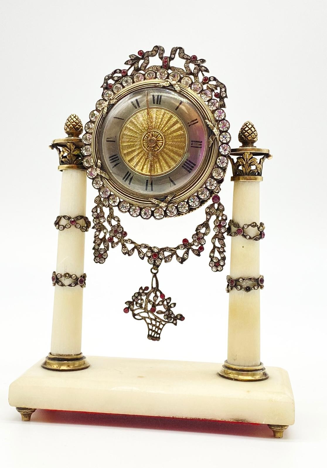 Early 20th century (circa 1910) Antique French silver alabaster gem-set miniature table clock. As - Image 6 of 9