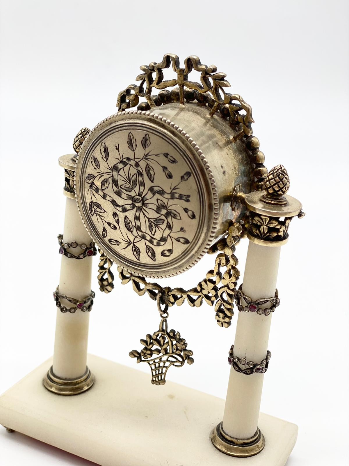 Early 20th century (circa 1910) Antique French silver alabaster gem-set miniature table clock. As - Image 5 of 9