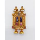 Of Jewish interest. A 14ct yellow filigree gold pendant with pearls, rubies, etc. Weight 10g.