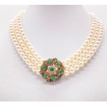 3 ROW AKOYA PEARL NECKLACE WITH 18K DIAMOND & EMERALD SET CLASP.