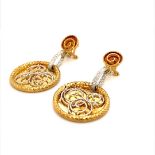 PAIR OF 18K WHITE AND YELLOW GOLD DESIGNER DROP EARRINGS WITH SPIRAL WIRE DESIGN IN MATT FINISH