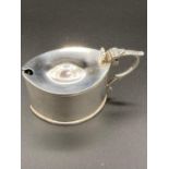 LARGE SILVER MUSTARD POT having scroll handle and rare green glass liner ,clear hallmark for J.R.