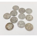 Eleven Silver 3d Coins: 7 x George V, 2 x George VI 3d and 2 x Queen Victoria.
