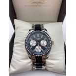 A Rotary Chronograph Quartz Ladies Watch. Two-Tone steel strap. Black dial. As new, in box, but