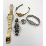 Mixed Lot: Three Ladies and One Gents watch - as found. 1 Silver 5 band ring - Size N.