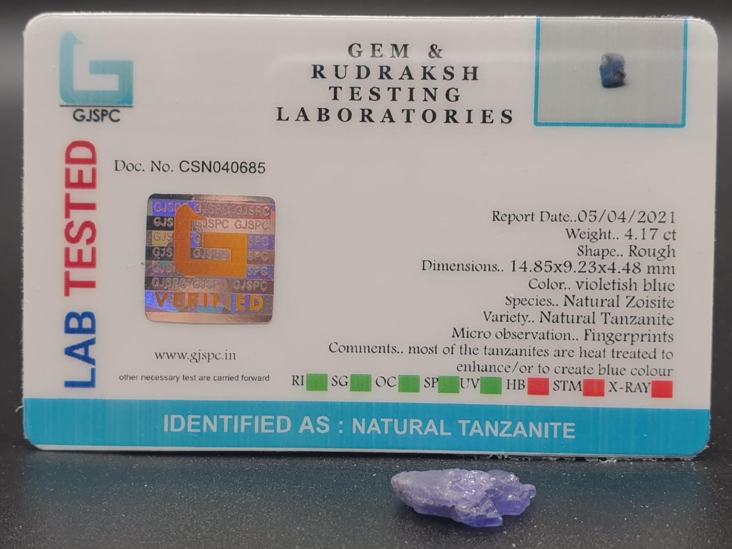 4.17cts of Rough Natural Tanzanite. GJSPC Certified. - Image 3 of 5