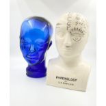 Two Heads for the Price of One! A cobalt blue glass head - 15 x 30cm and a ceramic phrenology head