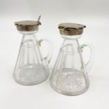 A PAIR OF 1920 ART DECO WHISKY NOGGINS WITH SILVER TOP AND COLLAR. 9.5cms in height