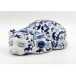 A Chinese, hand painted, blue and white porcelain cat with Qianlong (1736-1796) mark at the