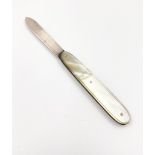 Antique Fruit Knife - Hallmark Sheffield 1924 John Yeomans Cawlishaw. Mother of Pearl Handle. 13cm