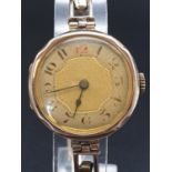 Vintage, possibly Antique 9k Yellow Gold Ladies Watch. Expandable strap. Gold Dial. As Found. 18g