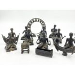A Set of Nine Bronze Balinese Traditional Musician Figurines with their Instruments. 7cm