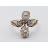 18K yellow gold diamond and pearl ring. Size P. Total weight: 3.87 g, with approximately 1.4