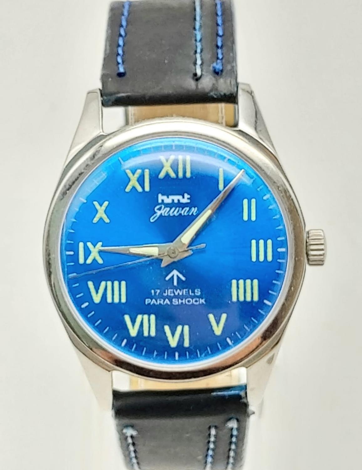 A HMT Blue Dial Jawan Watch. New leather strap. Good condition in working order.