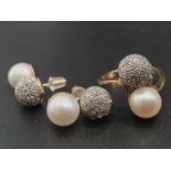 A wonderful set of ring and earrings with pearls and clear stones. Total weight 7.7g. Ring size M.