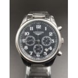 A Longines Automatic Chronograph Watch. Black dial. Stainless steel strap. 35mm case. Good condition