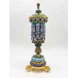 Antique Russian silver gilt and enamel ceremonial lidded drinking vessel. Intricate Cloisonné enamel