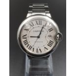 CARTIER UNISEX ROUND STAINLESS STEEL WATCH WITH DATE BOX AND ROMAN NUMERALS 45MM