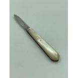 Antique SILVER bladed FRUIT KNIFE with mother of pearl handle, clear hallmark for Thomas Marples