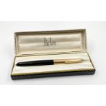 A Vintage Parker (1950s) 51 Black Fountain Pen. 12K Rolled Gold Cap. Good condition. Original box.