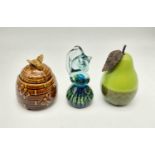 A Mdina Glass Sea Horse and Pear Paper Weight. Plus a Devon ware Honey Pot. Sea Horse - 14cm.