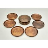 A Vintage set of Six Copper Coasters in a Copper Case. Coasters - 8cm diameter.