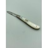Antique silver bladed fruit knife with mother of pearl handle and having clear hallmark for Harrison