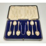 A Set of Six Antique Silver Tea Spoons and a Pair of Sugar Tongs. Hallmarked Thomas Latham,