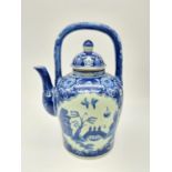 A Beautiful Antique Chinese Qing Dynasty Period Teapot. Blue glaze floral and tree decoration.