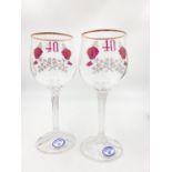 A Pair of Czech Bohemia 40th Anniversary Glasses. Decorated with roses. As new, in original box.