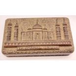 A Vintage Hand-Carved Indian Cigarette or Trinket Box. Decorated with The Taj Mahal on the lid. 20 x