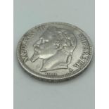 SILVER 1867 Napoleon III five franc coin.Extra fine/brilliant condition.