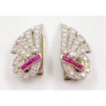 A PAIR OF ART DECO STYLE DIAMOND AND RUBY CLIP EARRINGS WITH OVER 3CT OF BRILLIANT DIAMONDS. 9.2gms