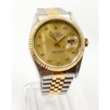 A GENTLEMANS ROLEX OYSTER PERPEYUAL DATEJUST IN BI-METAL WITH DIAMOND NUMERALS AND GOLD FACE. 36mm